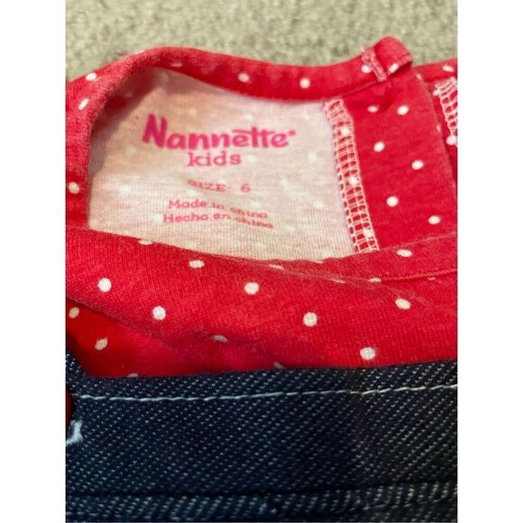 Nannette Girls Size 6 Denim Red Blue Top & Leggings Set Apple Motif Pockets Bows - Picture 2 of 6